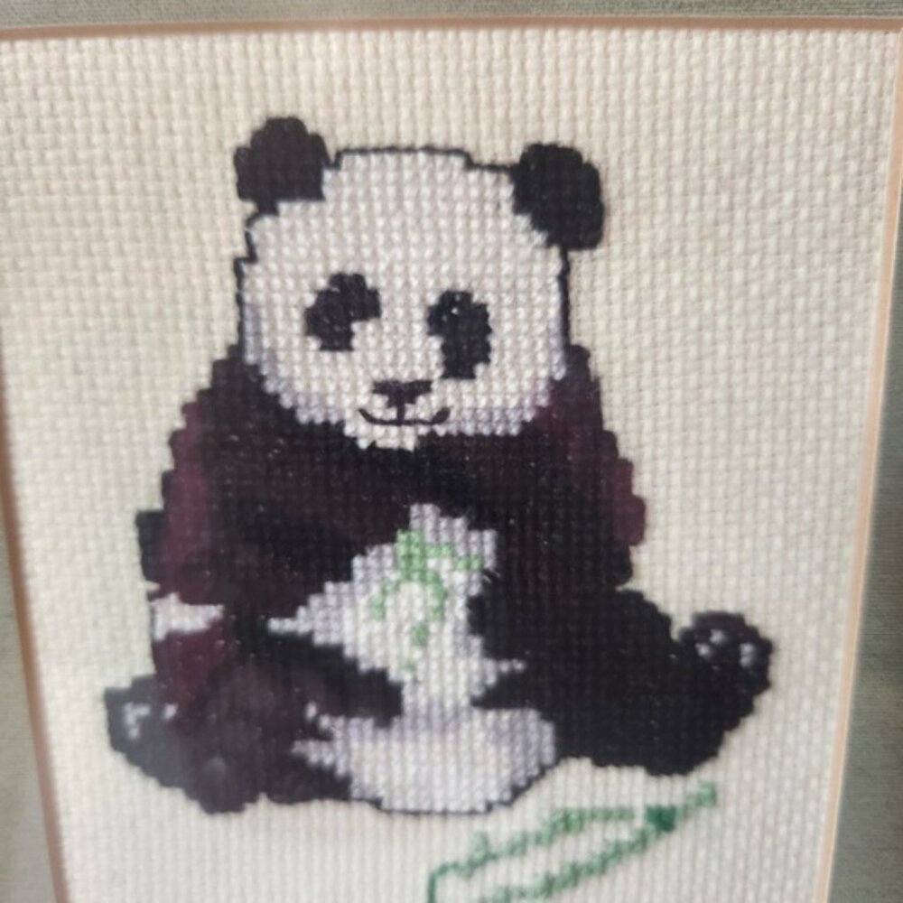 Vintage Panda Bear Cross Stitch Framed Art Faux Bamboo Wood Frame - Picture 3 of 6